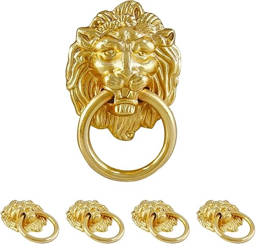 5 tiradores de gabinete con cabeza de león, tiradores de anillo para cajón para armario, cocina, armario, color dorado