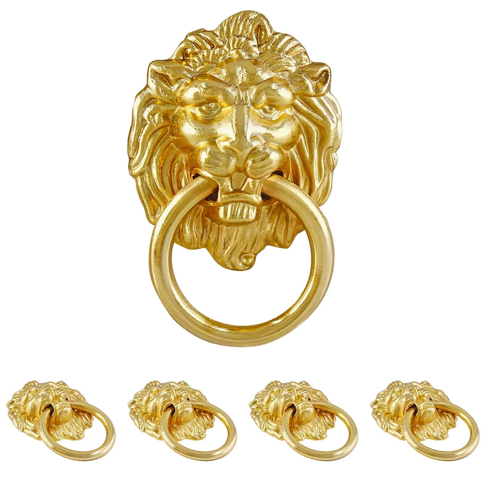 Jiozermi 5 Pcs Lion Head Cabinet Pull Handle, Ring Pulls Handle Drawer Pulls for Dresser Wardrobe Kitchen Cupboard, Gold