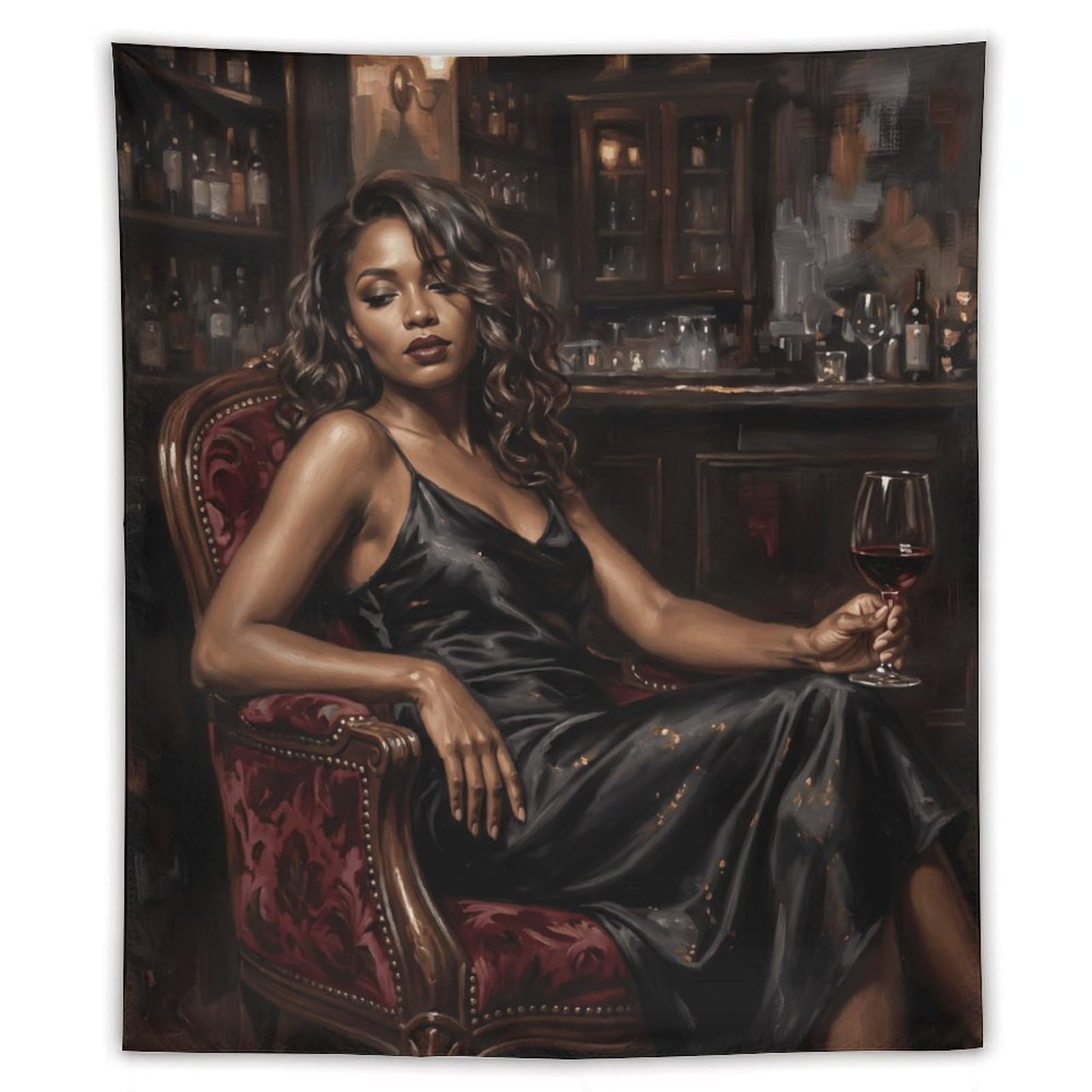 W7C8U2X3 Elegant Black Woman Bar Wall Tapestry, Realist Fashion Art