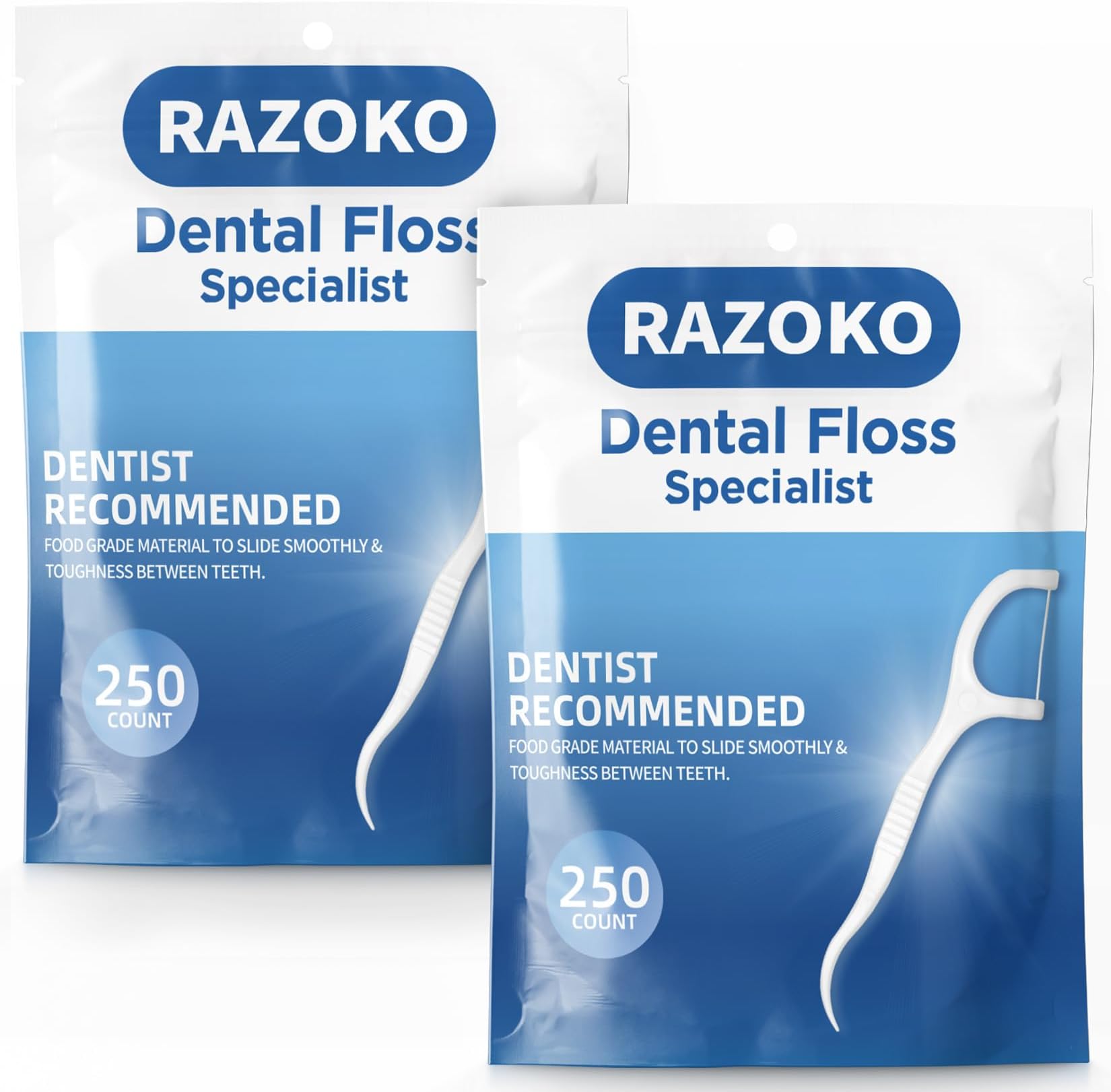 RAZOKO Dental Floss Picks/ High Pull Toothpicks Sticks/Professional Clean Floss Picks,Unflavored Disposable Flossers Refill Pack (500pcs)