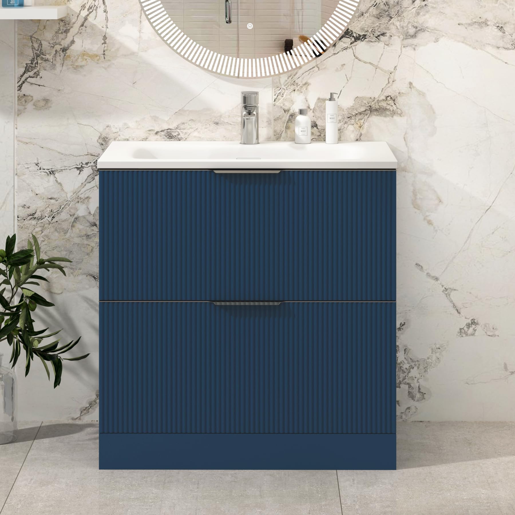 Evora 800mm Satin Blue Fluted Floor Standing Bathroom Vanity Unit 2 Drawer Stone Basin
