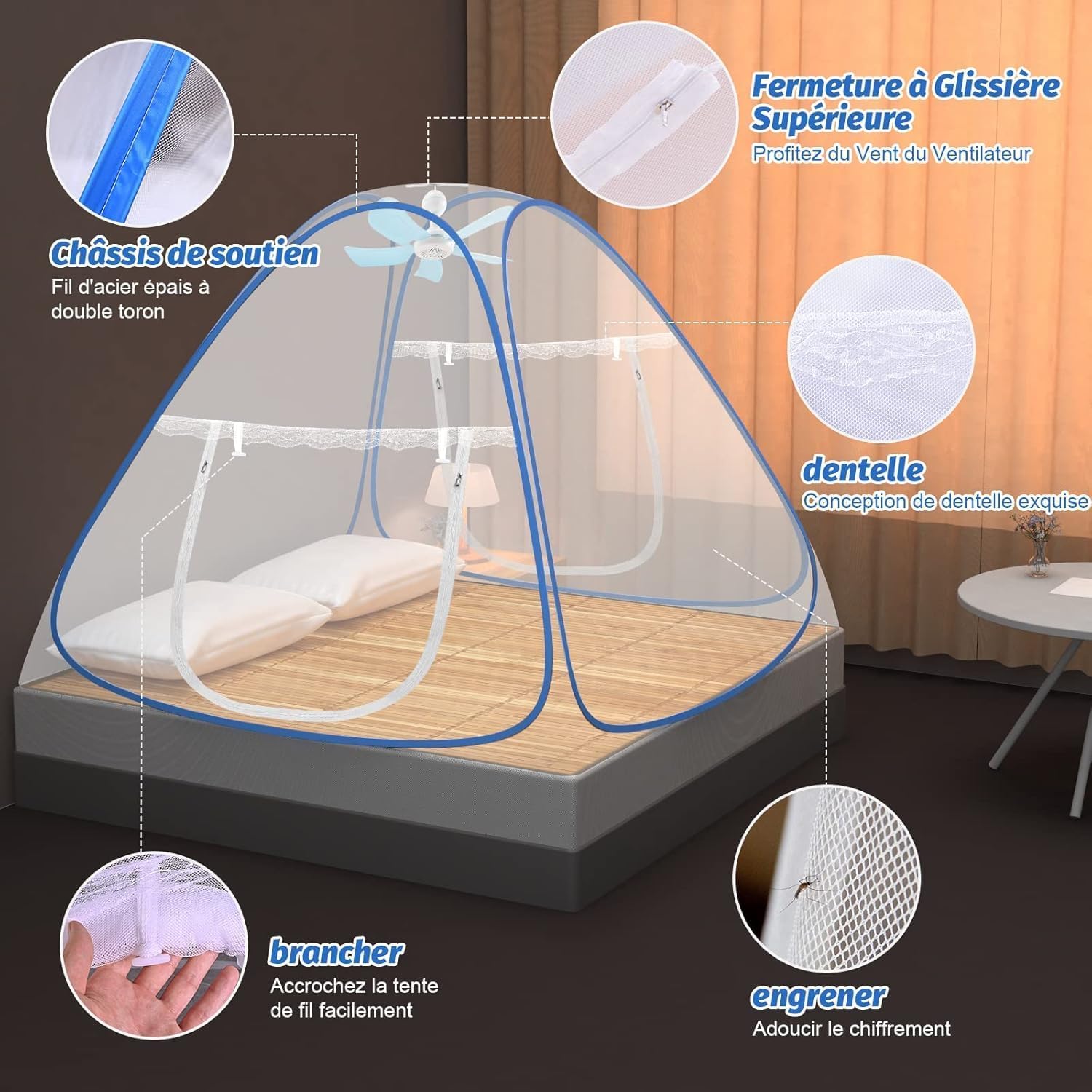 Faburo Moustiquaire de Lit Pliable en Forme de Dôme, 2 m x 2 m x 1,5 m, Fermeture à Glissière Double Porte, Rideau Tente Portable pour Camping