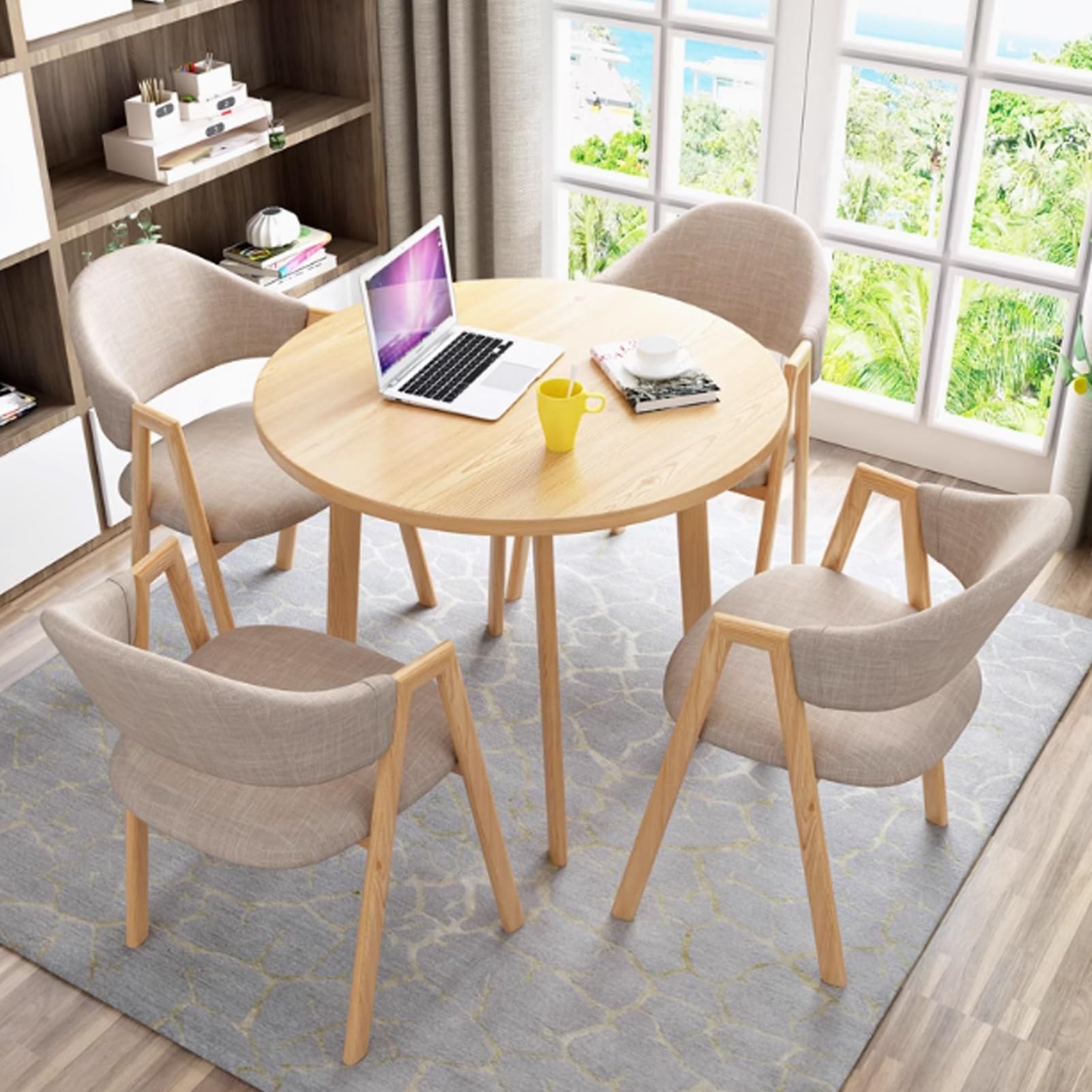 Modern Runde Konferenztisch-Set mit 4 Stühlen stilvoller Esstisch für Büro Empfangsraum & Esszimmer Metallbeine Khaki – Ideale per riunioni & kleine Küchen