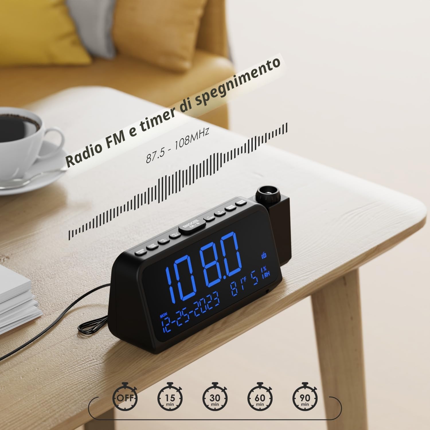 ROCAM Sveglia con Proiettore Radiosveglia Digitale da Comodino 270°, 12/24H Display con Dimmer Snooze modalità Weekend Grandi Numeri Temperatura Data, Sveglie FM Radio 2 e Cavo USB, Batteria Backup