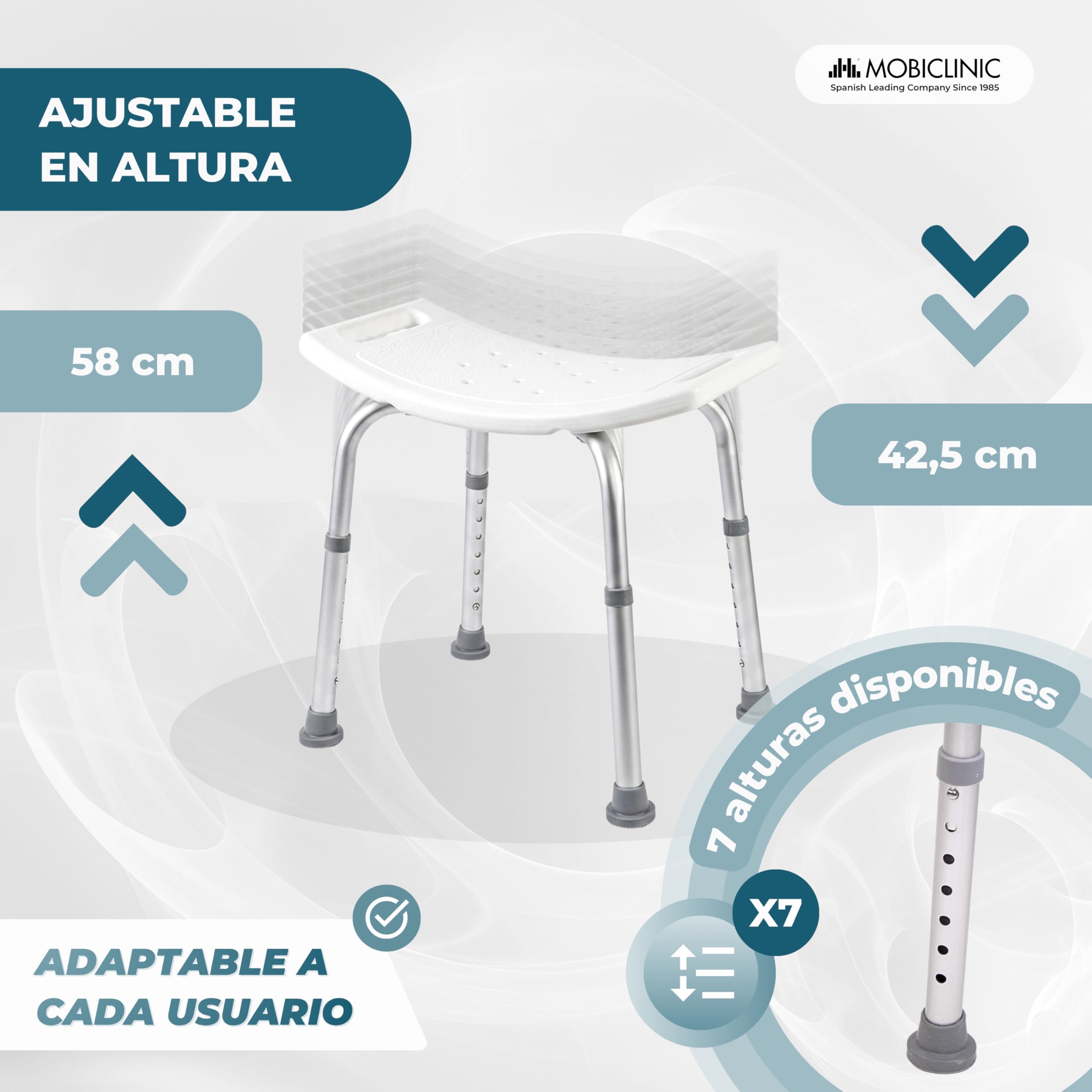 Mobiclinic®, Taburete de Baño, Conteras Antideslizantes, Regulable en 7 Alturas, Asiento en U, Agujeros Drenaje, hasta 100 Kg, Ligero, Fácil Montaje, Aluminio, San Fermín