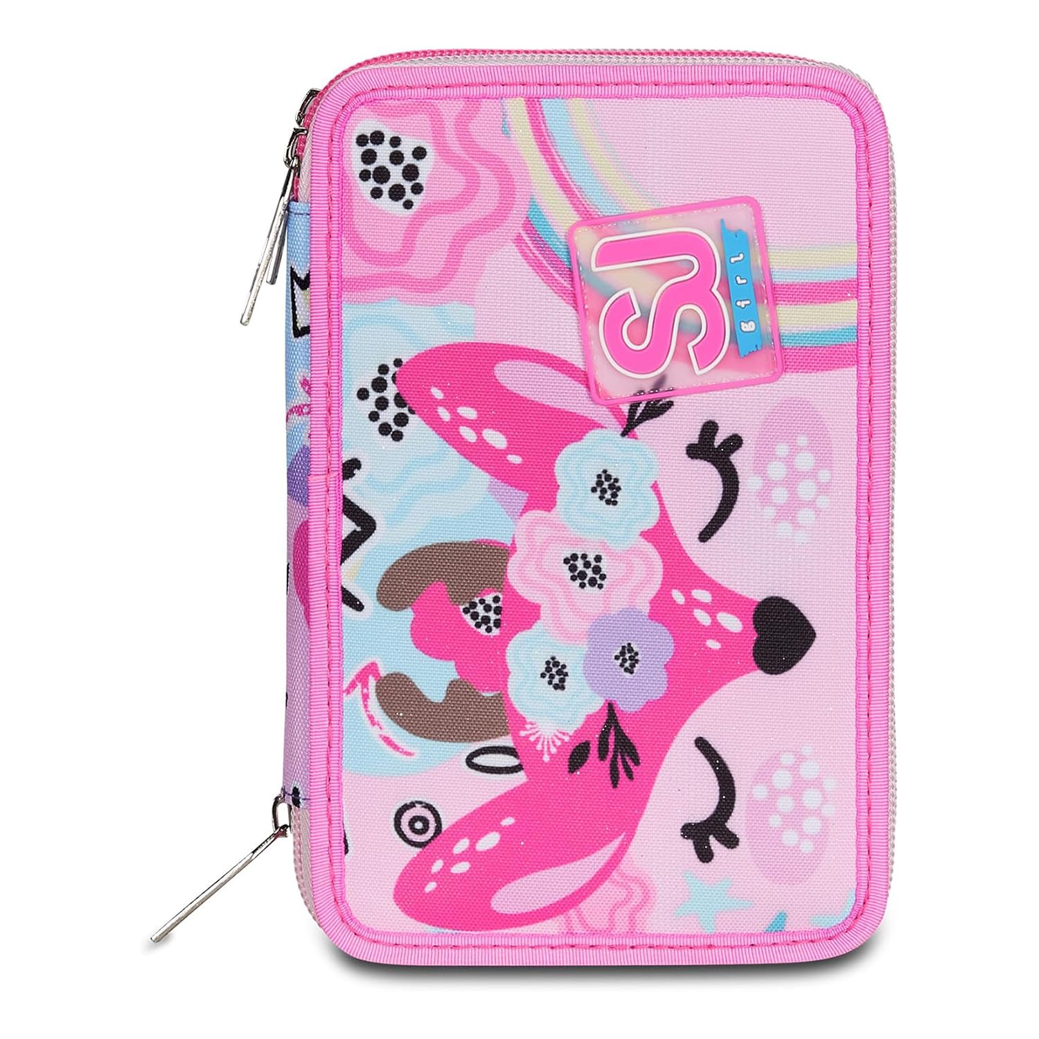 SJ GANG STYLE JAM GANG Astuccio Scuola 3 Zip, Rosa, PinkHugs, Portapenne Triplo Scomparto Completo Di Penne, Matite, Colori, Accessori Zaino, Elementari, Medie, Bambina