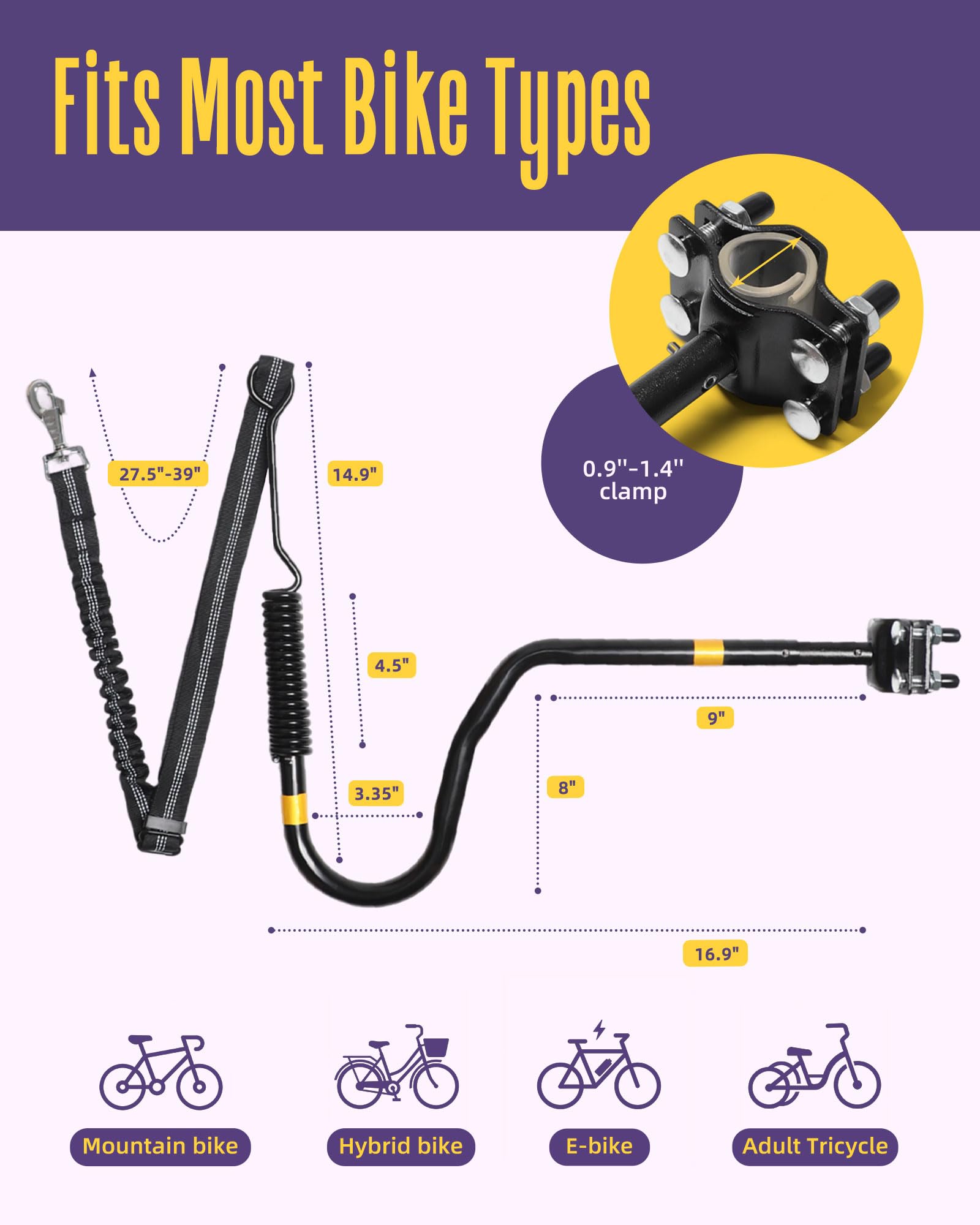 Guinzaglio Mani Bici Libere Per Cani- Bici Per Cani Al Guinzaglio Di 180°, Forte Assorbimento Degli Urti | Regolabile | Allenamento Jogging, Rimovibile&Ciclismo | Modello mani libere regolabile e rimovibile a 180°. Forte assorbimento degli urti, ideale pe