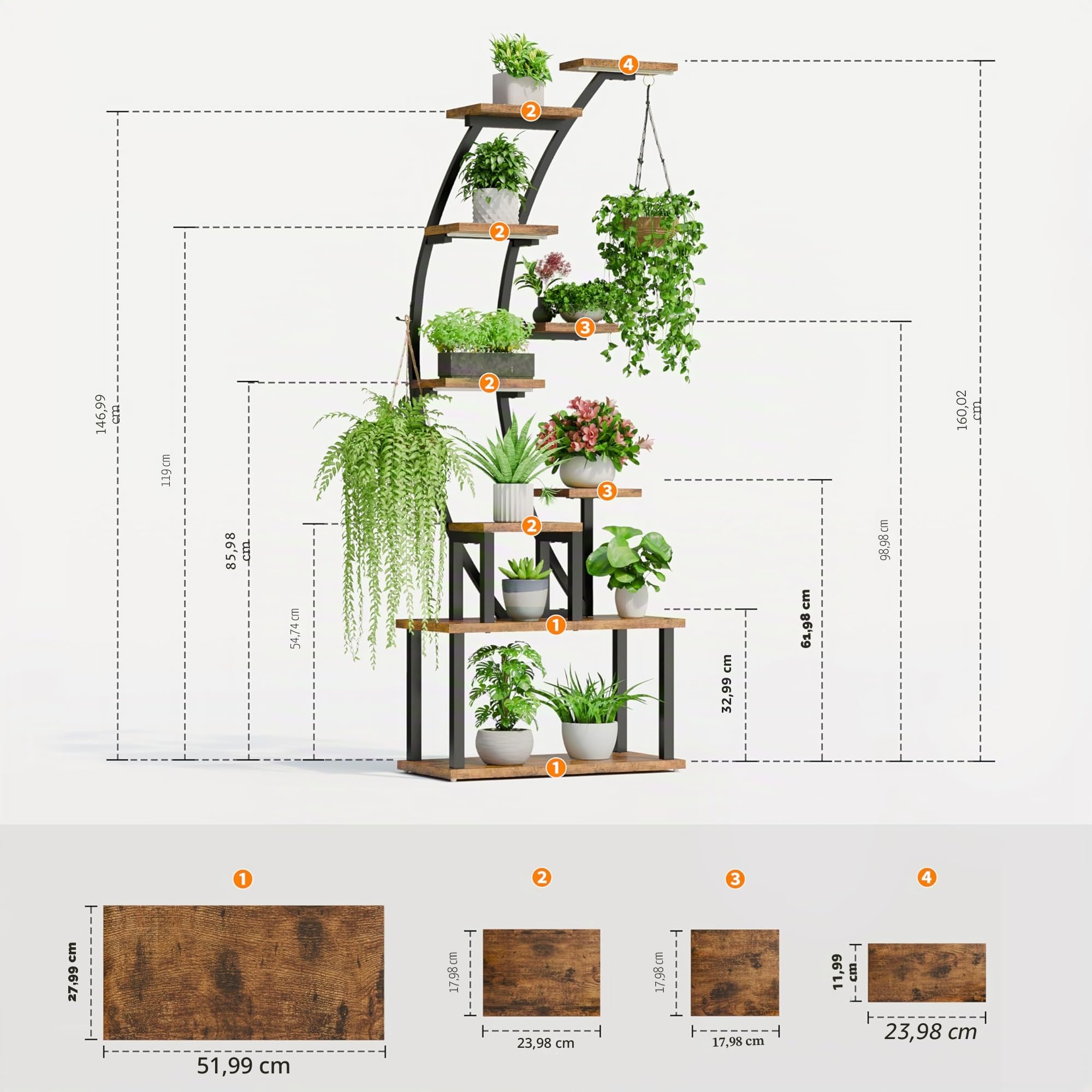 BACEKOLL Pflanzenregal mit Wachstumslicht - 9 Ebenen Blumenständer 160cm Metall Holz Pflanzenständer - Innen & Außen Blumentreppe - Dekoratives Schwarz Blumenregal für Innen Garten Balkon