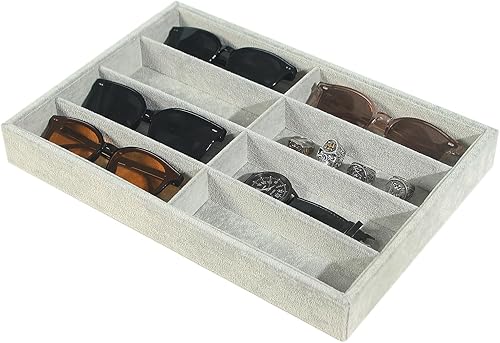 Bandeja organizadora de lentes de sol, caja de exhibición de gafas de terciopelo gris beige, soporte organizador de gafas para escritorio en casa o