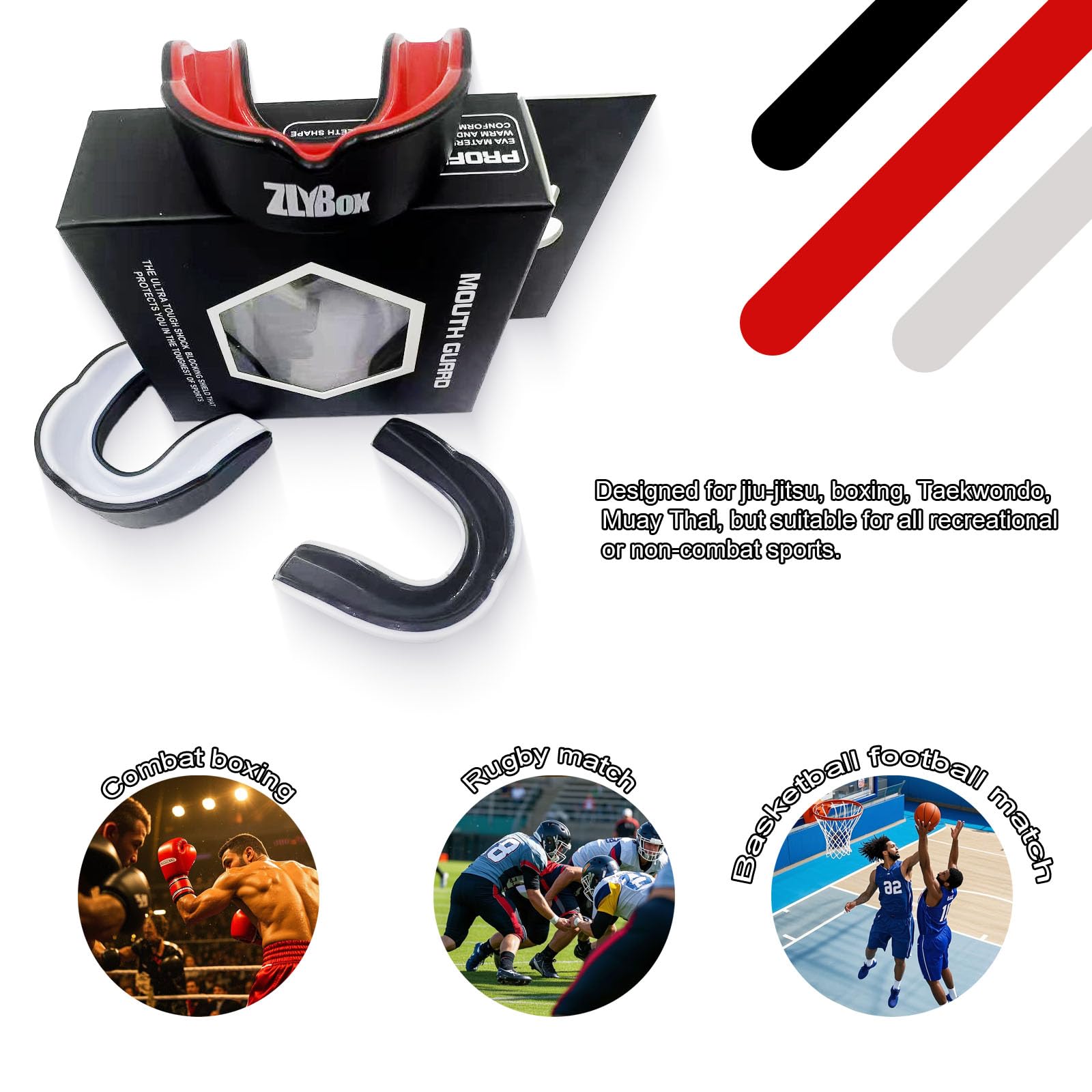 Protector bucal de fútbol de doble color para boxeo y aparatos ortopédicos, almacenamiento seguro para hombres y deportes (negro y blanco)