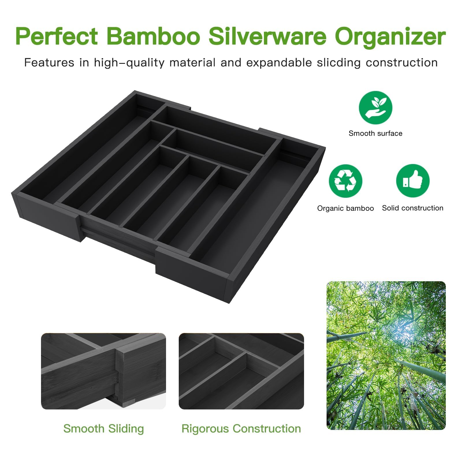 Pipishell Organizador Cajones Cocina, Cubertero Extensible y Ajustable para Cocina, Dormitorio y Sala de Estar - Bambú Sostenible