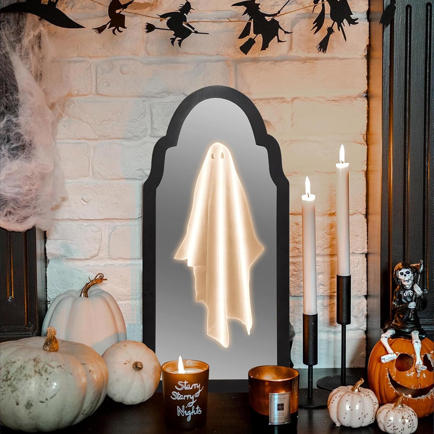 Halloween Gothic Ghost Mirror Decor LED Illuminated Black Frame with White Ghost 19.7x9.45 Inch USB-Powered Indoor Haunted House Decoration