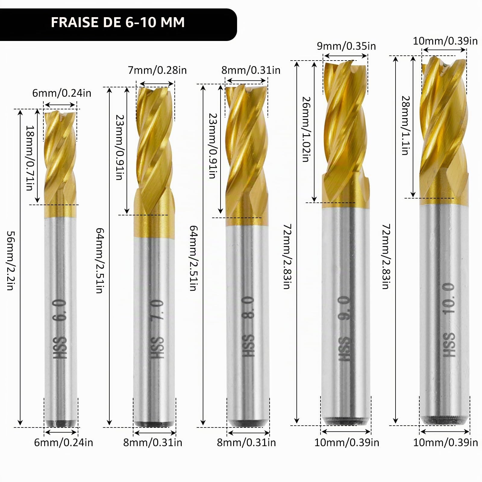 Lot de 10 fraises HSS métal dur 4 flûtes VHM titane Fraises CNC 2-10 mm Pour plastique, métal, acier inoxydable, acier au carbone, aluminium, bois, acrylique