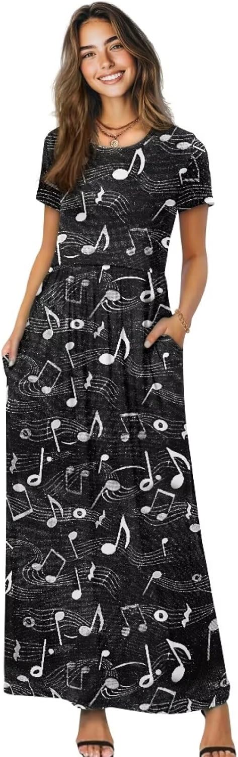 Women's Summer Short Sleeve Loose Maxi Dress Casual Empire Waist Long Dresses with Pockets, Plus Size S-4XL