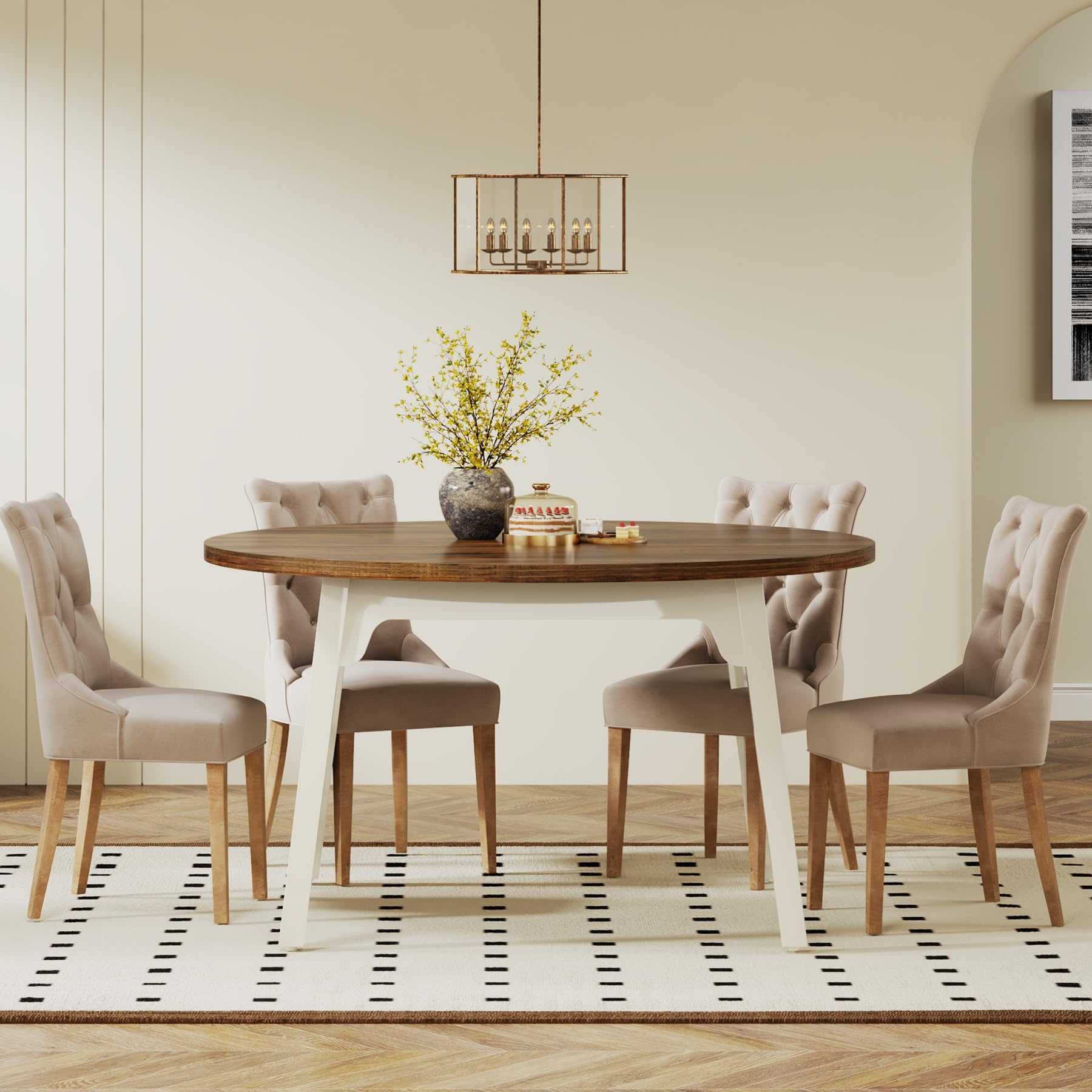 Tribesigns Mesa de Comedor Redonda para 4-6 Personas, 120CM Mesa de Cocina Círculo con Superficie de Textura de Madera,Mesa de Comedor con Patas de Madera Maciza para Cocina, Salón, Marrón y Blanco