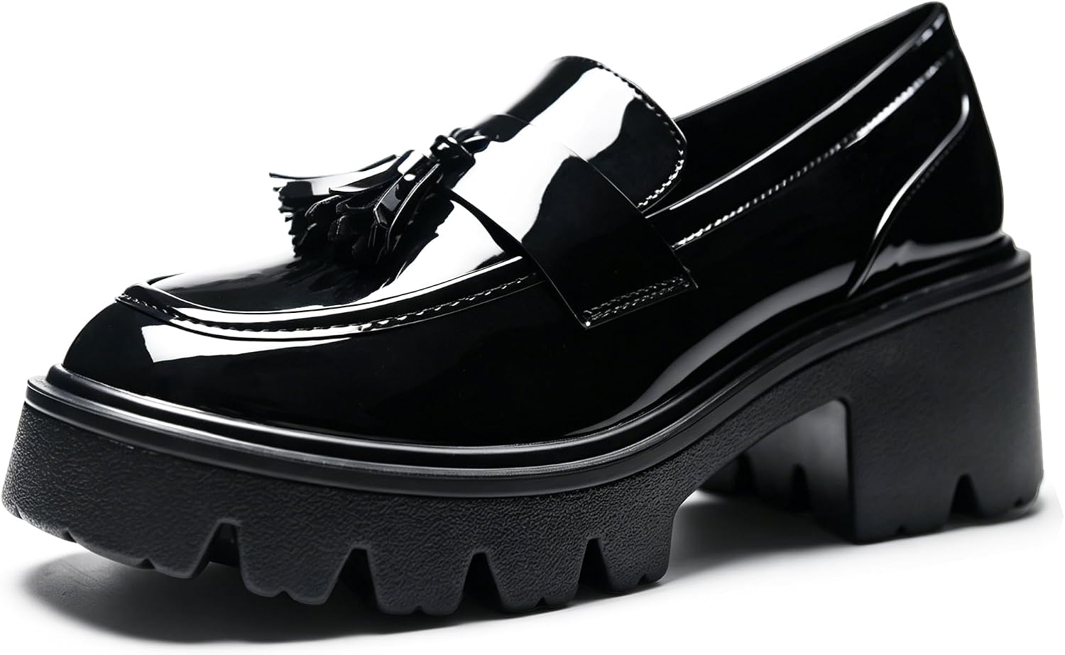 Women's Tassel Platform Loafers, Round Toe Chunky Heel Lug Sole Slip On, Patent Leather All-Day Comfort Black Shoes for Business Casual Office Dressy Work