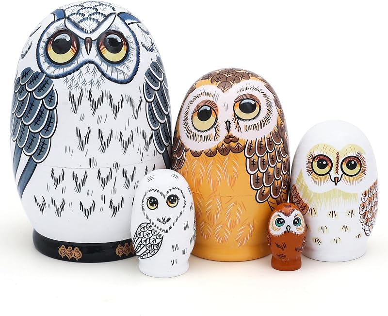 Owl Nesting Dolls-5 Pcs Handmade Wooden Russian Matryoshka Dolls, Cute Egg-Shaped Owl Set for Kids, Christmas, Birthday