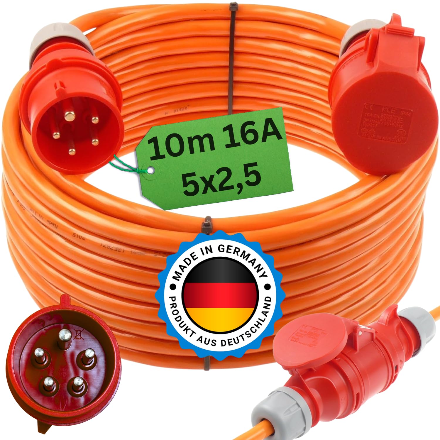 Starkstromkabel 16A 10m H07BQ-F 5x2,5 Orange Starkstrom Verlängerungskabel CEE Verlängerung 16 Ampere Kabel 5x2,5mm2 Baustelle Werkstatt Industrie Geeignet Outdoor IP44