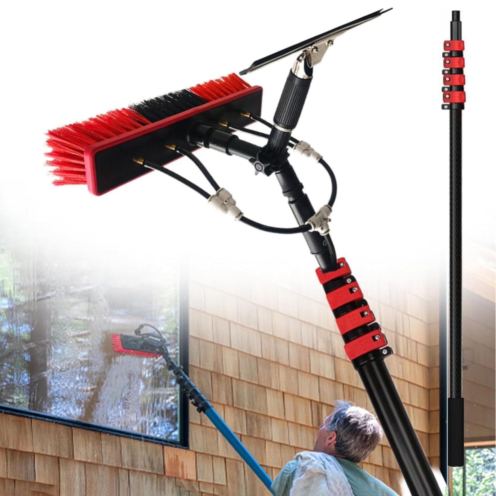 Brosse alimentée en eau et tuyau de lavage pour nettoyer les vitres hautes sans traces