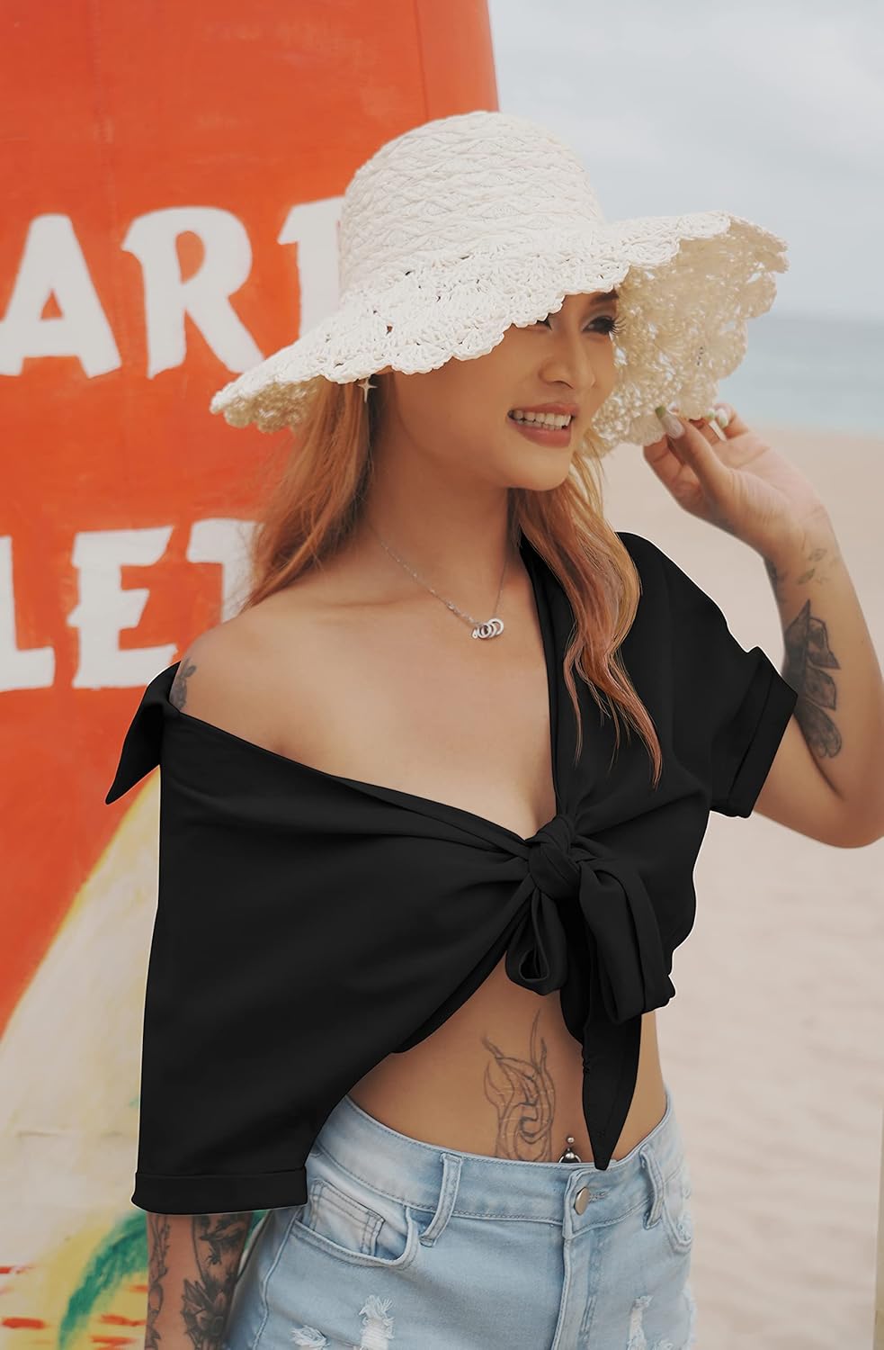 GOBLES Womens Summer Short Sleeve Shirts V Neck Tie Knot Batwing Blouses Tops - Image 3