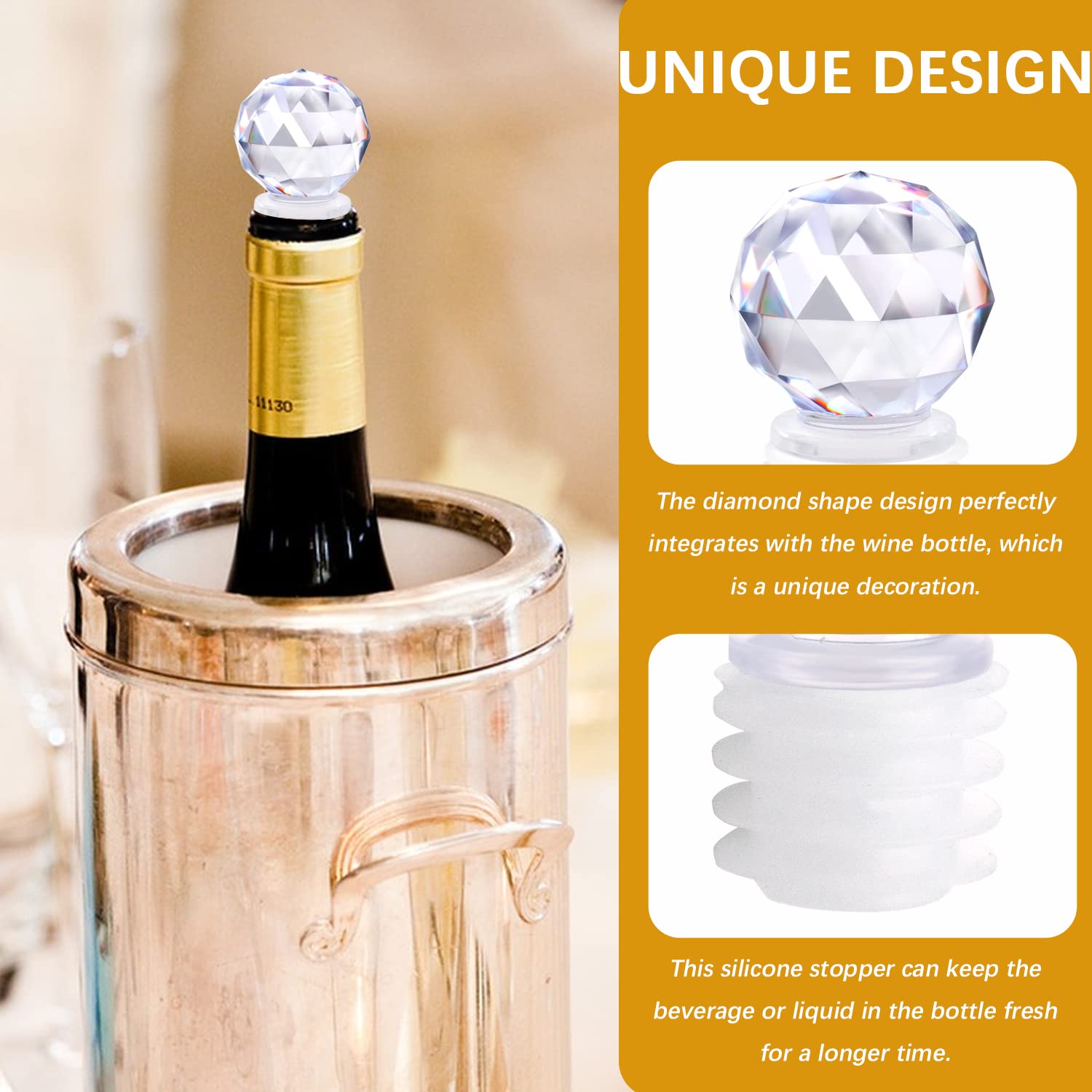 10 tapones de botella únicos decorativos con bola de cristal, mini tapón de botella de vidrio acrílico transparente con silicona hermética para vino, bebidas, refrescos, champán, licores, aceites