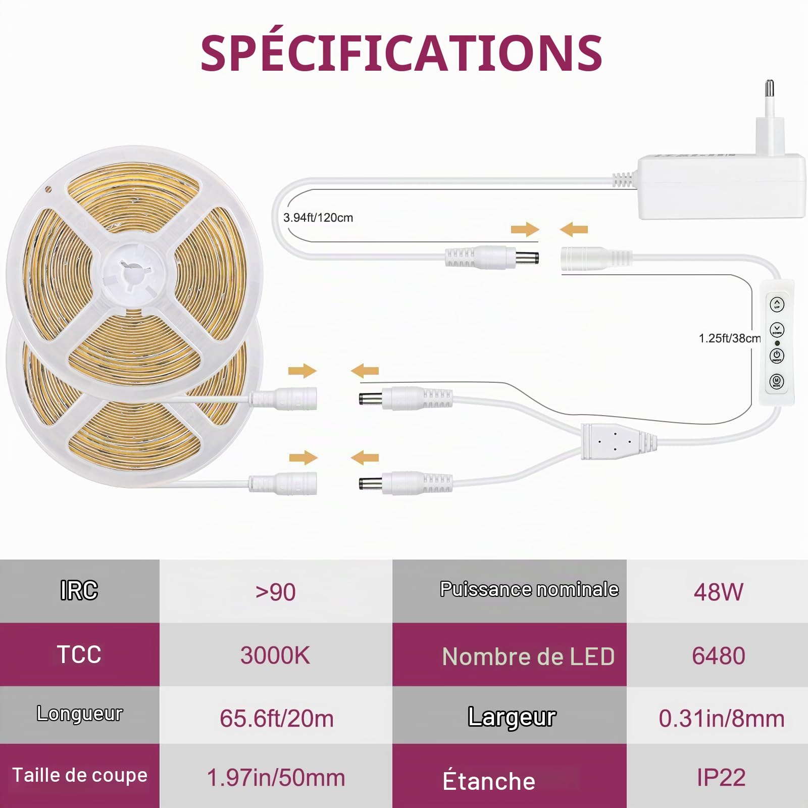 Bande LED COB de 20 m - Blanc chaud - 3000 K - 24 V - Intensité variable - Flexible - Avec bloc d'alimentation et télécommande RF - CRI 90+ - Pour décoration d'intérieur, escaliers, cuisine