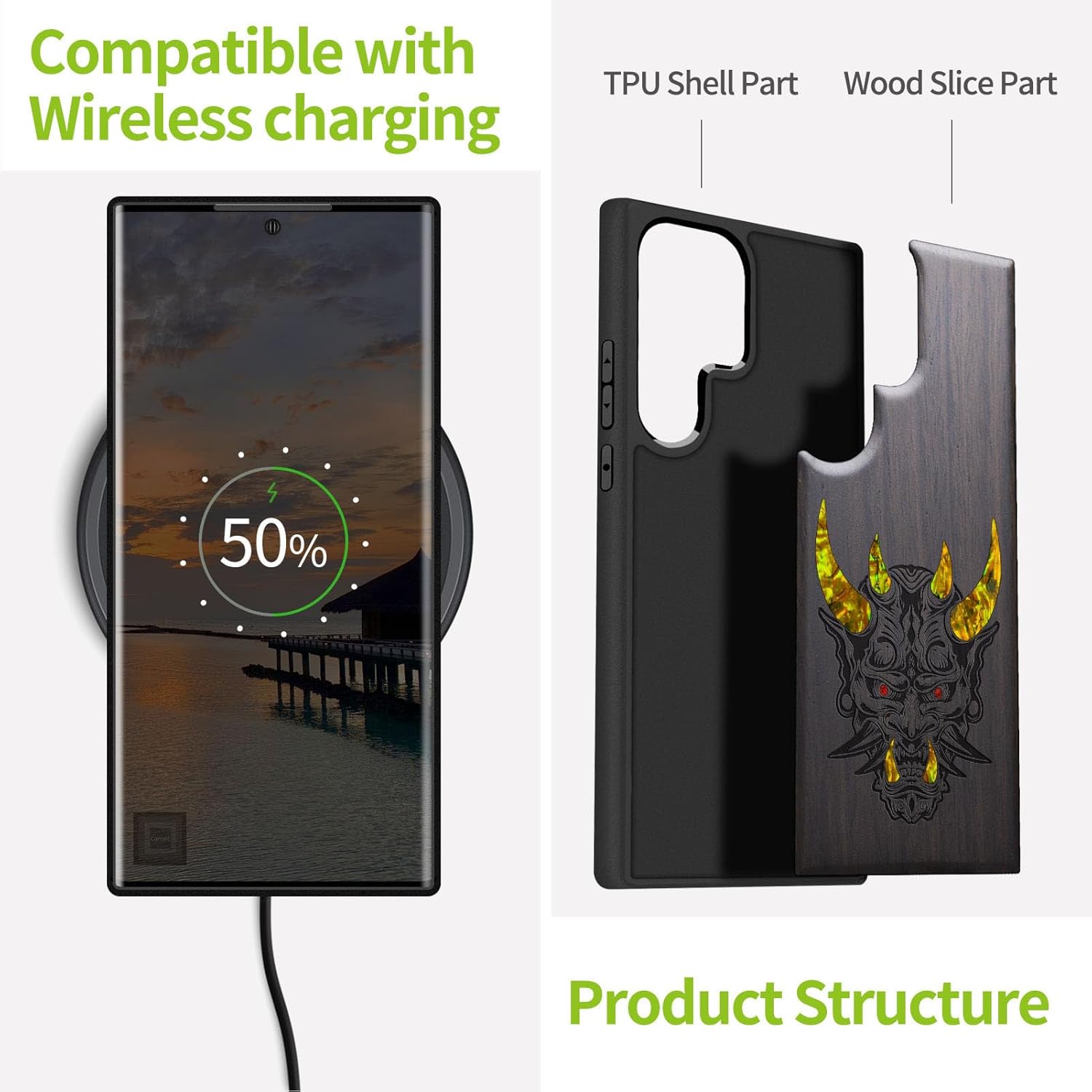 Carveit Designer Wooden Case for Samsung Galaxy S24 Ultra Case [Wood Engraving & Shell Inlay] Compatible with Wireless Chargers S24 Ultra Cover (Japanese Oni Mask-Blackwood)