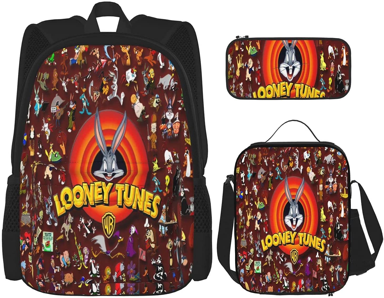 Loo-Ney T-Unes School Backpack Set, 3 Pieces Cartoon Backpack, Leisure Backpack with Matching Lunch Box + Purse/Pencil Case, black, One Size,