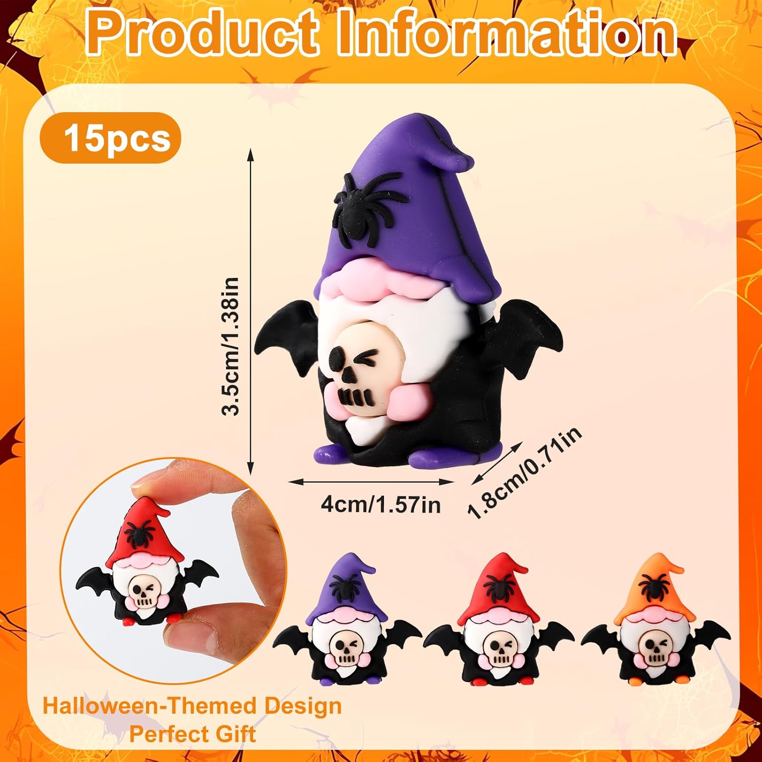 15pcs mini halloween gnomes, 3 colors pvc material quirky themed gnome miniature tiny small statues with bat and spider element for halloween party themed party decoration hide and seek favors