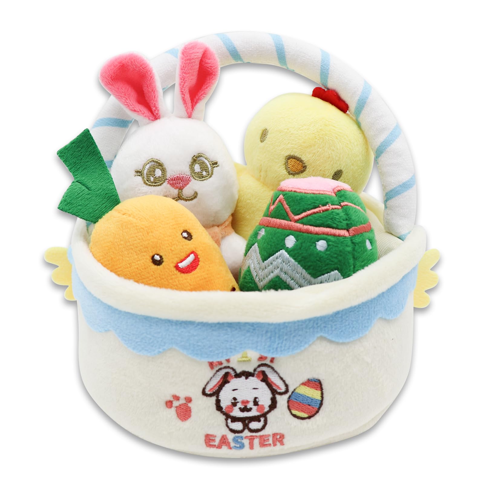5Pcs My 1st Easter Basket Stuffed Plush Playset Easter Basket Stuffers Stuffed Cartoon Bunny Easter Egg Plush Basket for Kids