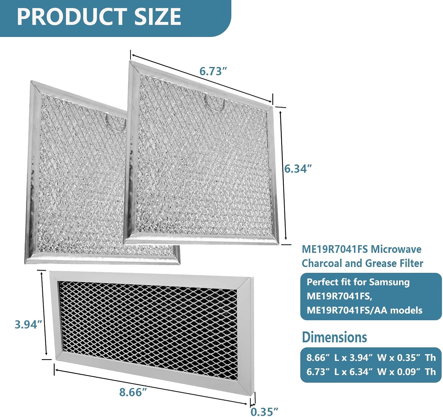 Microwave Oven Charcoal and Grease Filter Replacement for Samsung ME19R7041FS ME19R7041FS/AA ME19R7041FT ME19R7041FT/AA ME19R7041FB ME19R7041FB/AA 8.66" X 3.94" Aluminum Mesh Filters 3 Pack