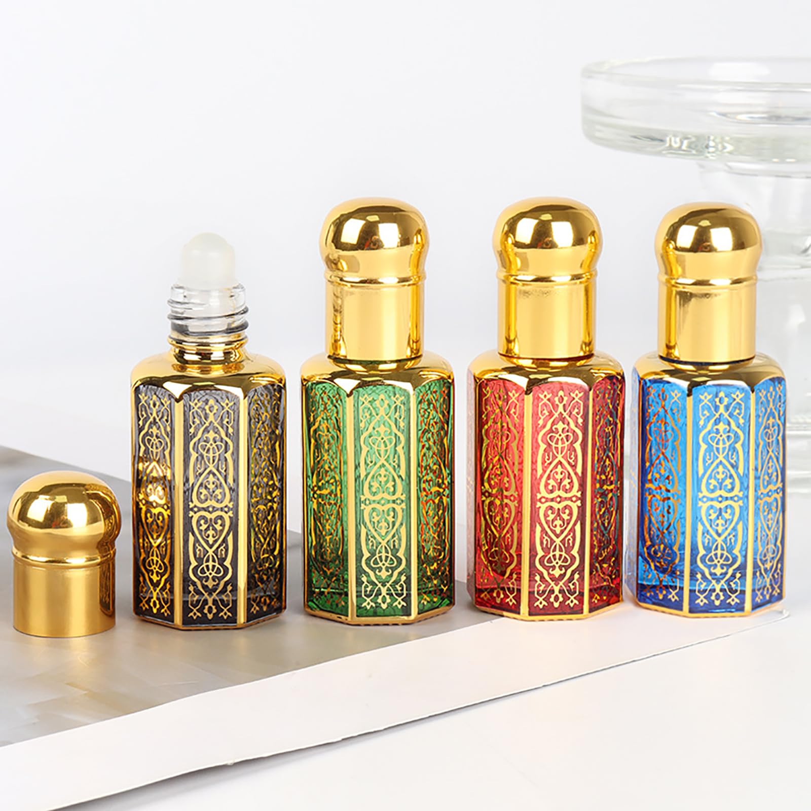 5 Unidades Botellas Roll On de Vidrio de 12ml - Envases Vacíos Rellenables con Bolas de Rodillo para Aceites Esenciales, Perfumes, Aromaterapia y Masaje - Color Dorado (C021)