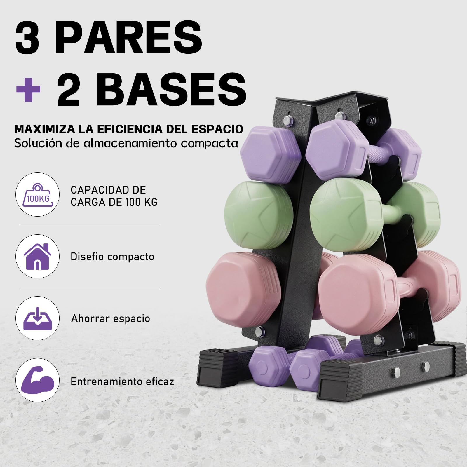 Soporte para Mancuernas de 3 Niveles, Estructura en A, Capacidad 100 kg,con Goma Antideslizante, para Gimnasio y Fitness en Casa (3, Kilogramos, 100)