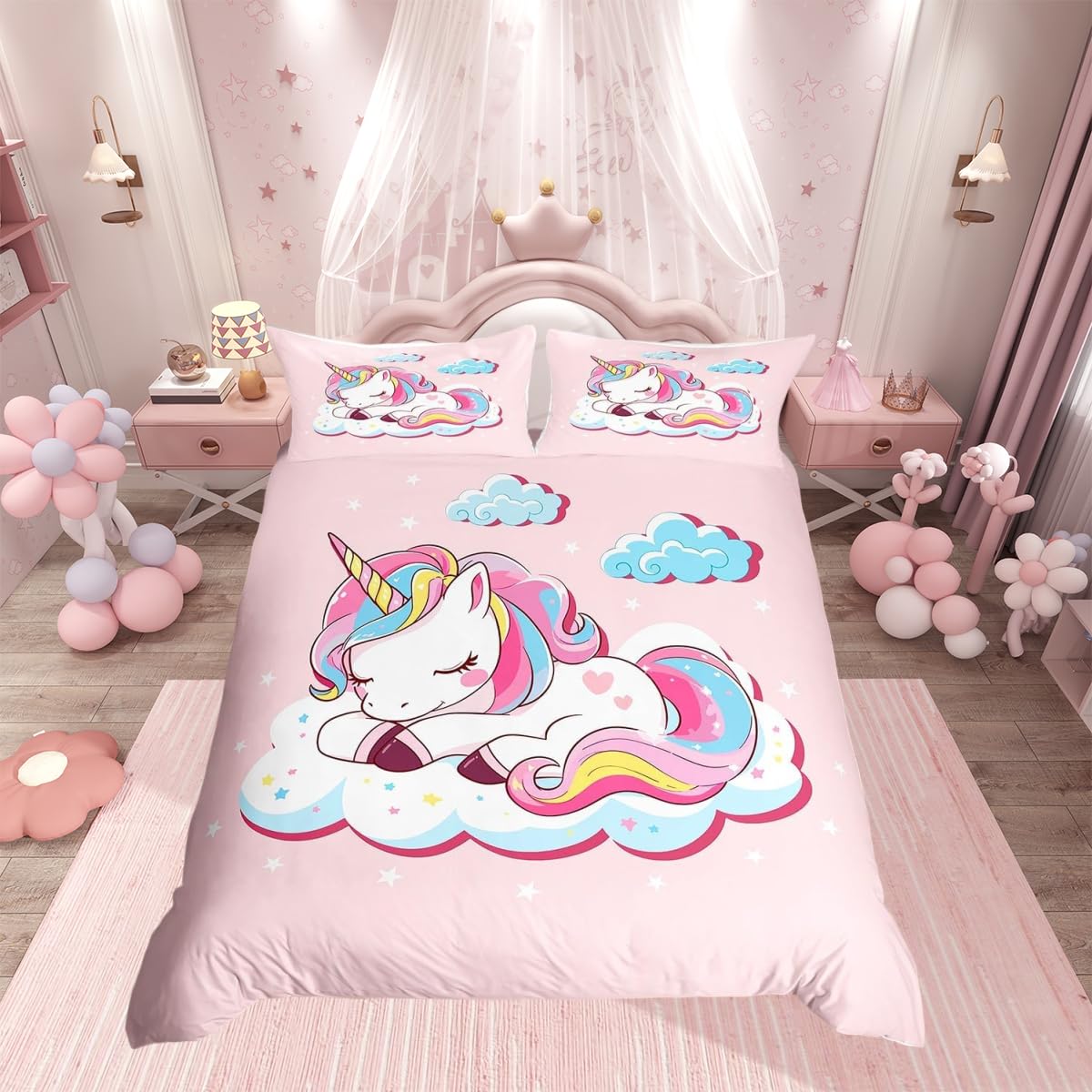 Homemissing Girly Unicorn Bedding & Linen Fantasy Unicorn Bedding Set for Kids Girls Magical Animal Duvet Cover Fairy Cartoon Bedding & Linen Super King Quilt Cover 3Pcs