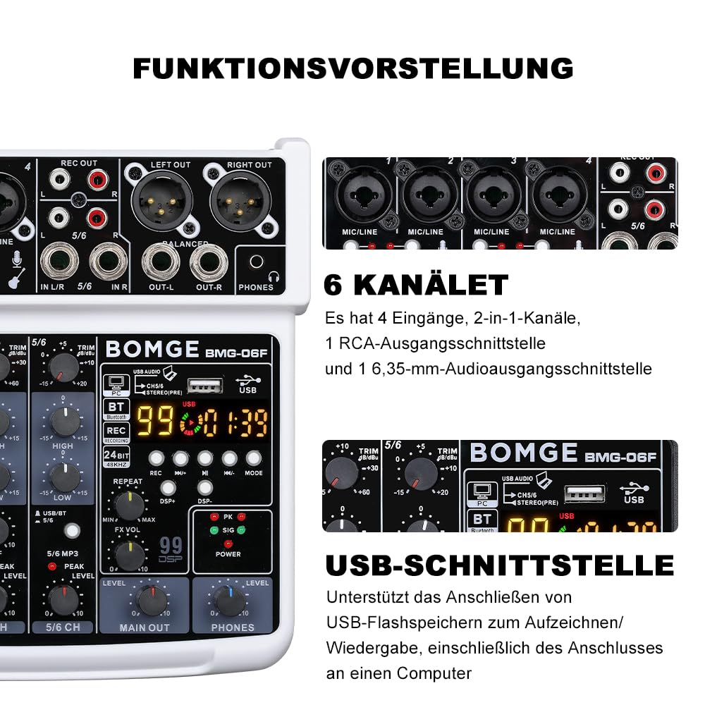 Amazon | BOMGE 6チャンネルミニオーディオミキサーコンソール、USB
