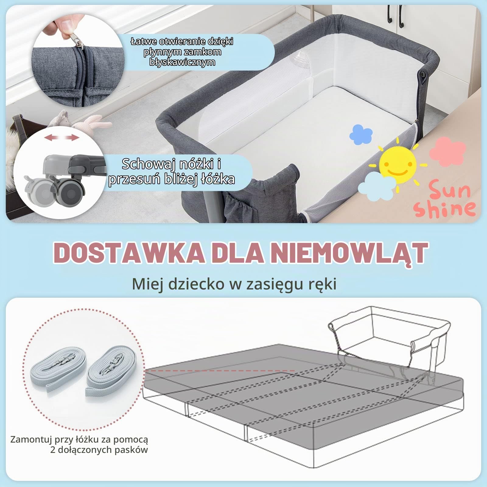 LIFEZEAL 3 w 1 - śpiworek, 5-stopniowe łóżeczko z regulacją wysokości, gondola z materacem, mobilne łóżeczko turystyczne na kółkach z torbą boczną i gondolą. (szary)