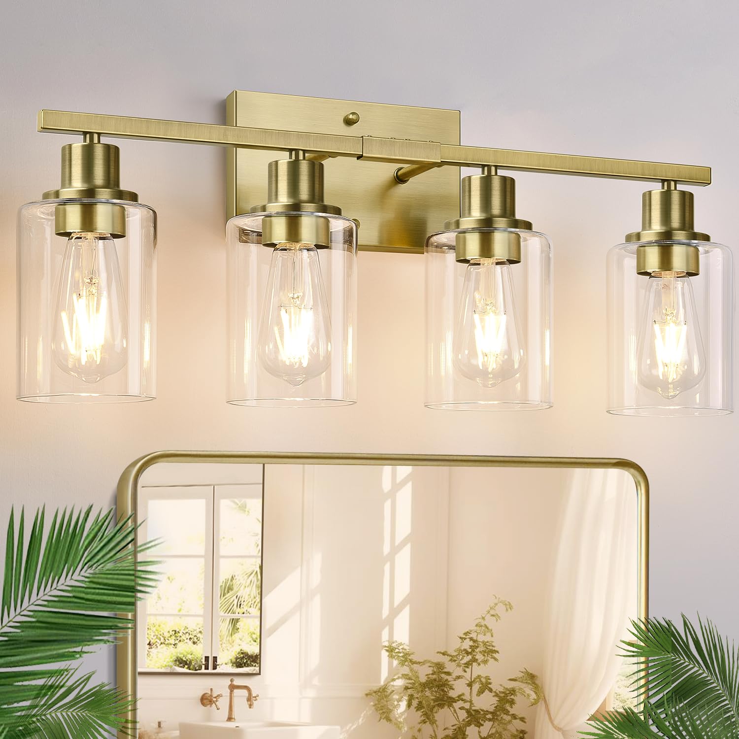 4 Light Bathroom Light Fixtures, Brass Vanity Lights for Bathroom with Clear Glass Shades, Modern Bathroom Wall Sconces for Mirror Living Room Cabinet