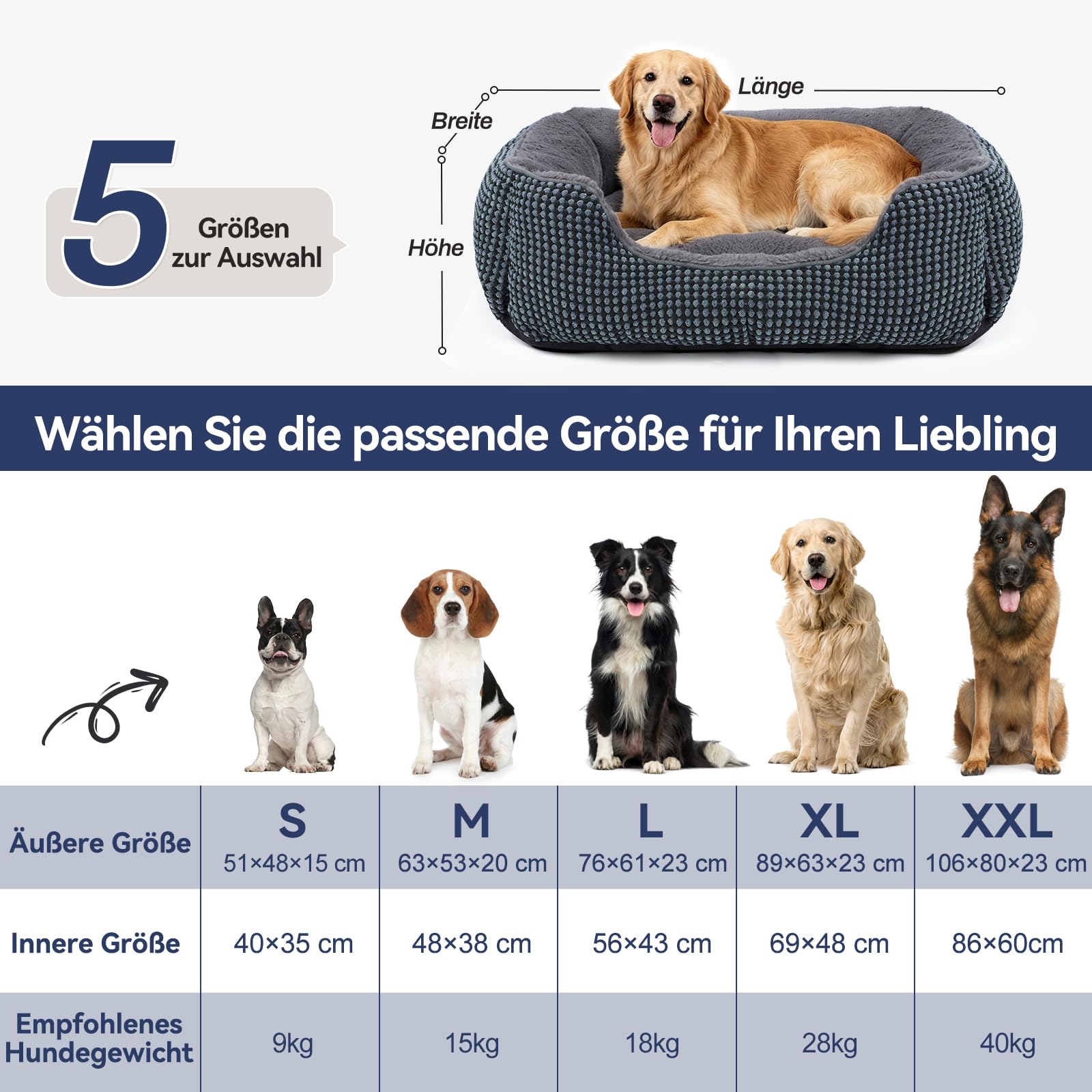 FURTIME Hundebett Mittelgroße Hunde, Hundekorb Waschbar Flauschig, Rutschfestes Hundekörbchen Hundebetten, Anti-Angst Hundebett für Mittelgroße und Kleine Hunde und Katzen, 63x53x20cm