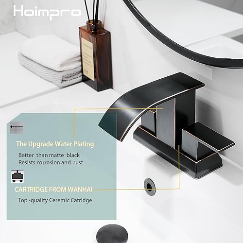 Miniatura 2 de Hoimpro Grifo de baño de 3 agujeros de 4 pulgadas, grifo de baño de bronce aceitado en cascada, dos asas, juego central, grifo de lavabo de baño,