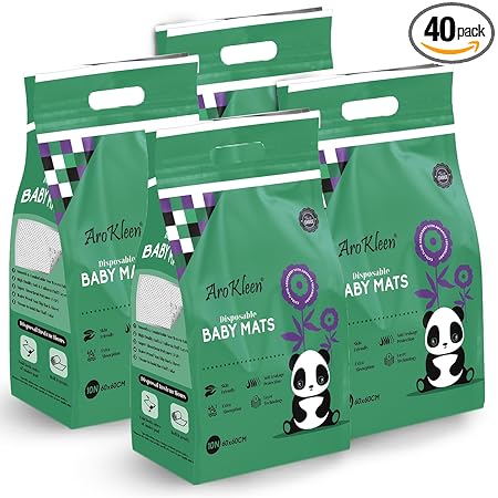 AROKLEEN 40 Counts 60 X 60 CM Baby Disposable Changing Mats | Disposable Underpads | Anti-Leakage Protection | Waterproof Bed Protector Sheet Fluff Layer- Large Size - Pack of 4