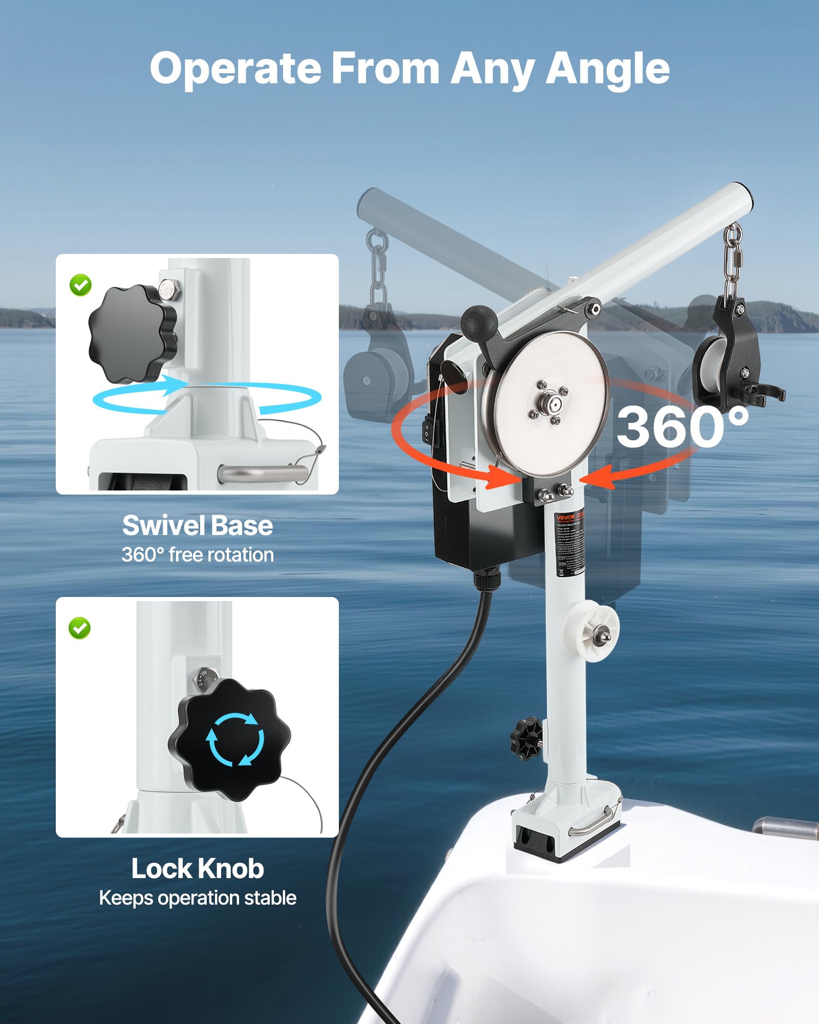 VEVOR Treuil de Pêche Bateau Électrique, 12 V CC 1200 W, Capacité de Levage 90 kg, Vitesse de Ligne 35 m/min, Rotation 360°, Résistant à la Corrosion, pour Levage de Piège à Crabes, Crevettes, Homards