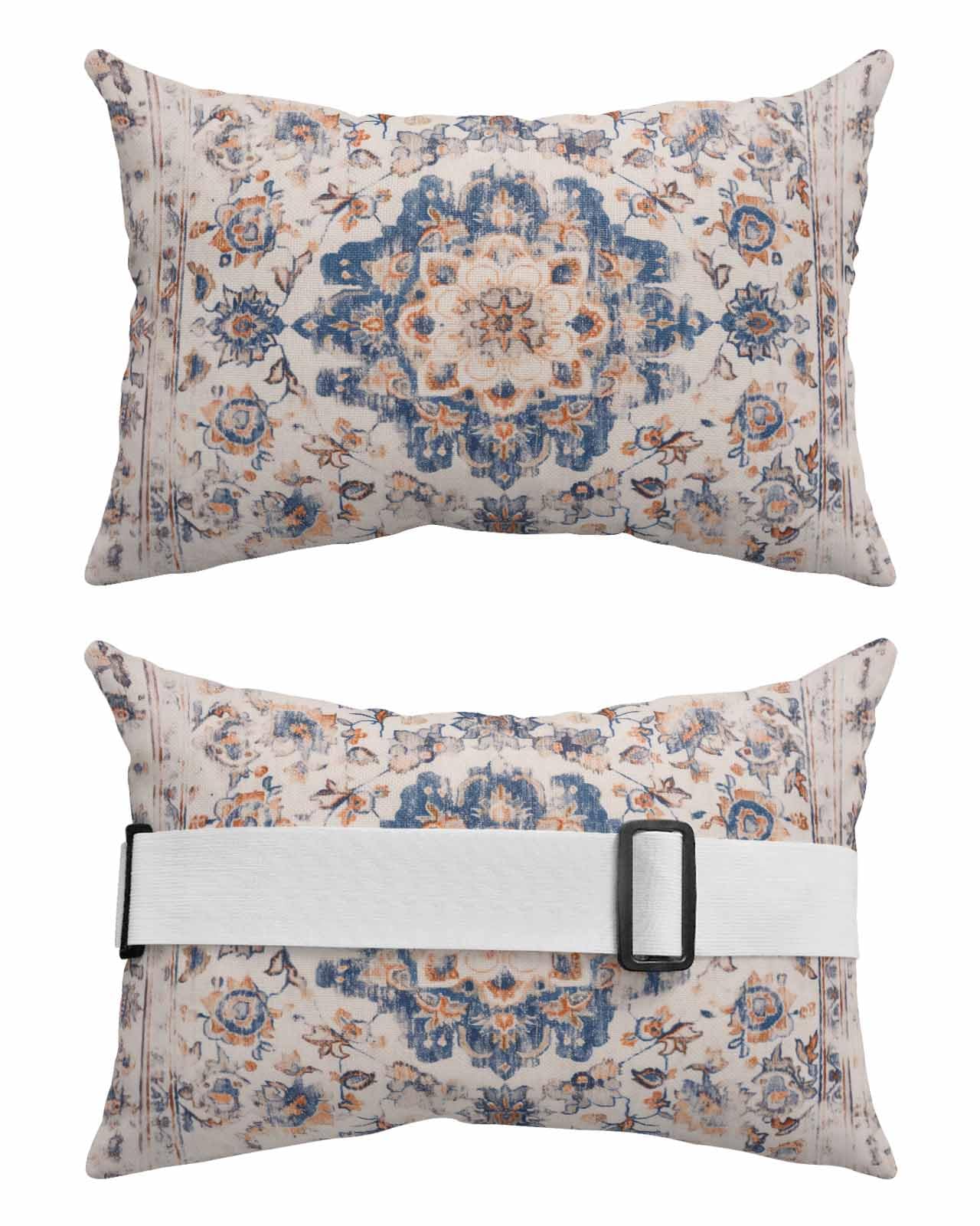 Navy Blue Orange Boho Outdoor Waterproof Pillows for Recliner Chaise Lounge Chair, Ethnic Tribal Shabby Chic Mandala Floral Lumbar Pillows with Inserts & Elastic Band for Patio Beach 2 Pack-12x20 In