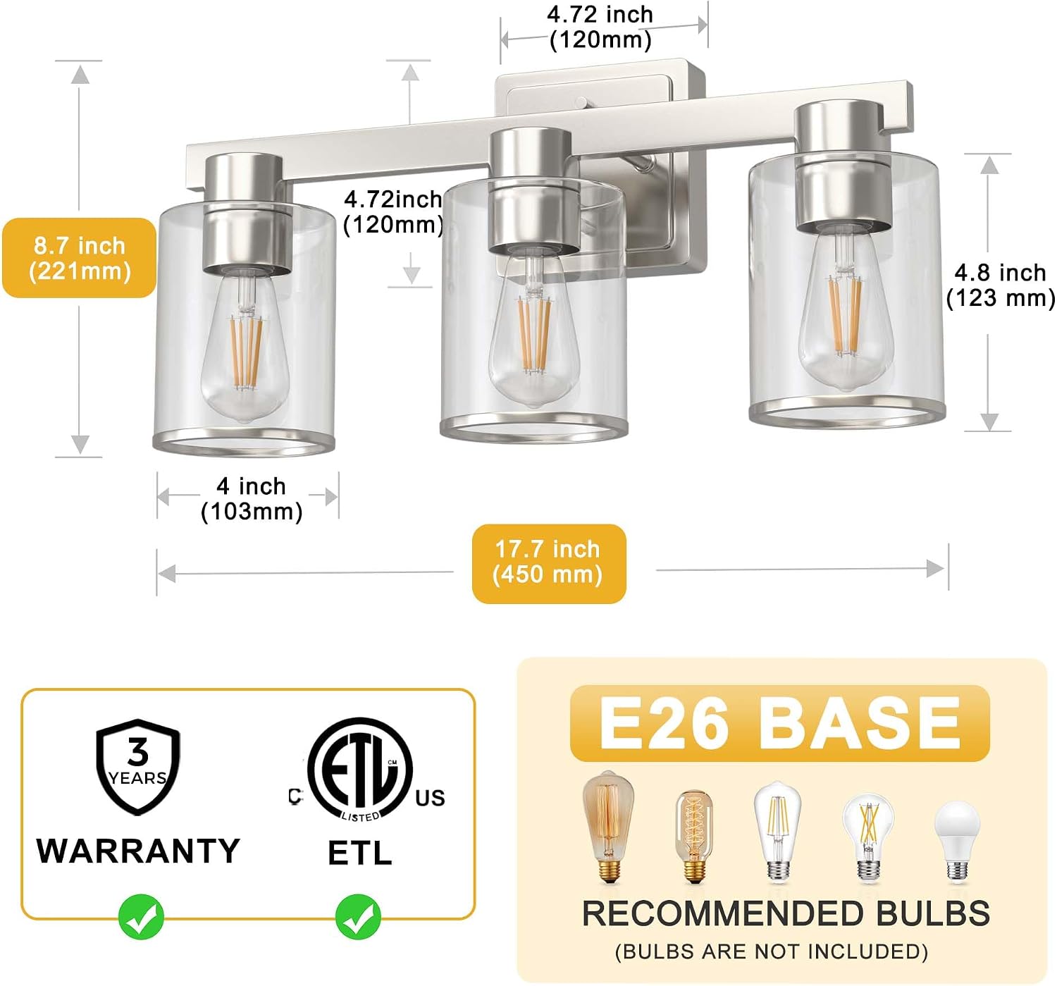 L LOHAS LED Nickel Bathroom Vanity Light Over Mirror, 3 Lights Bathroom Light Fixture with Clear Glass Shade, Modern Vanity Light for Living Room Hallway Cabinet Bedroom