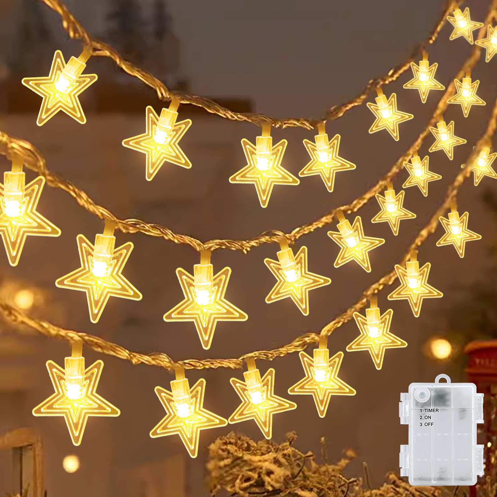 cshare Led Lichterketten Sterne Außen, 6M 40LED Fünfzackiger Stern Batteriebetriebene Lichterkette mit Timer IP65 Wasserdicht für Jar Garten Camping Weihnachten Innen Außen Dekorationen,Warmweiß Beleuchtung
