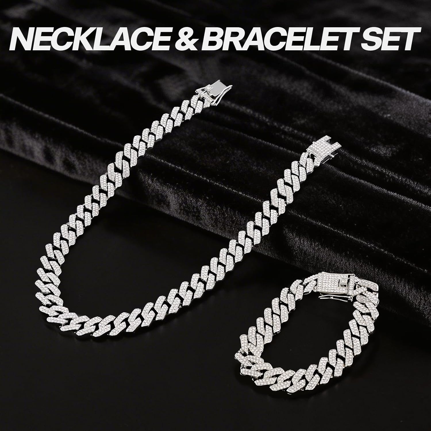 2 Pcs Cuban Link Chain Set for Men Necklace Cuban Bracelet for Women Hip Pop Gift Silver - Image 2