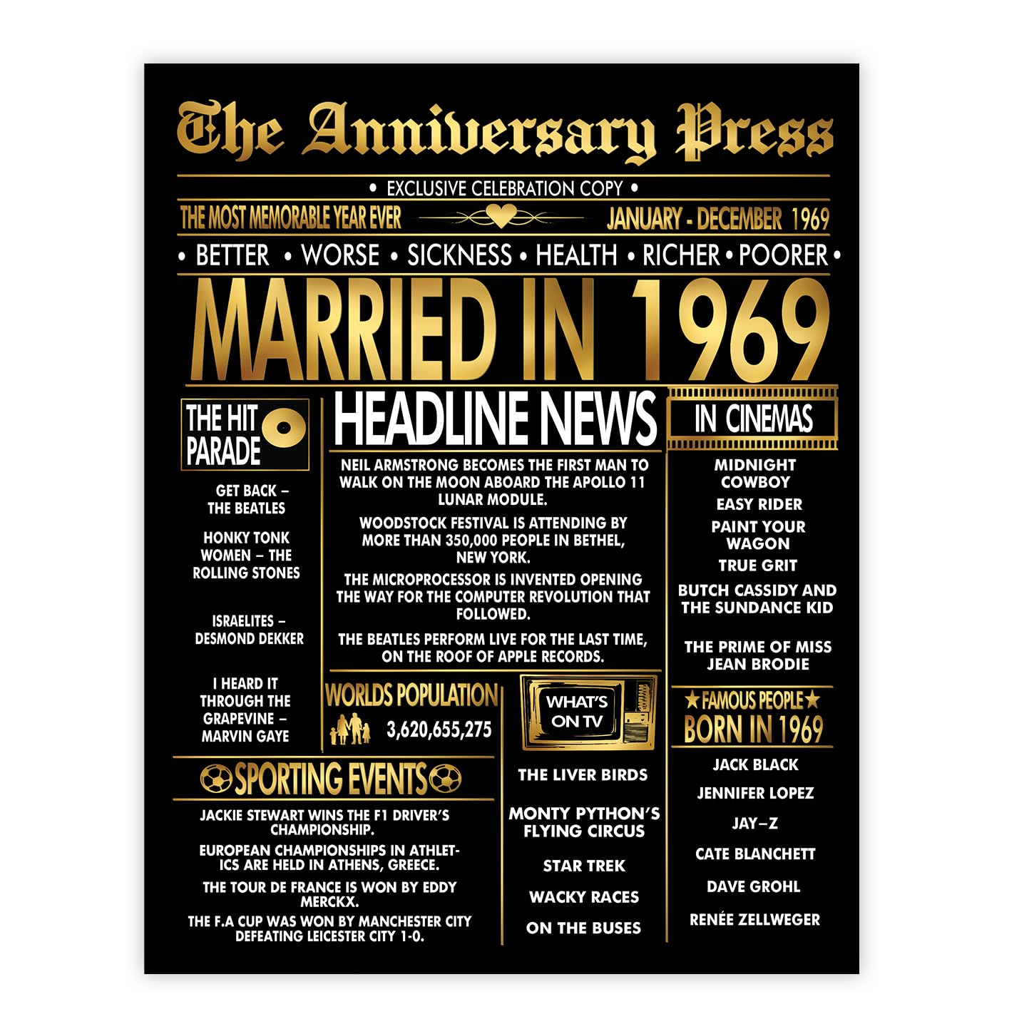 Stuff4 Men's 1969 Gold 57Th Anniversary Poster Unframed - Golden Married In Newspaper - 57 Wedding Anniversary For Wo Vintage Gifts Back In 8X10 Inch Anniversaries Posters