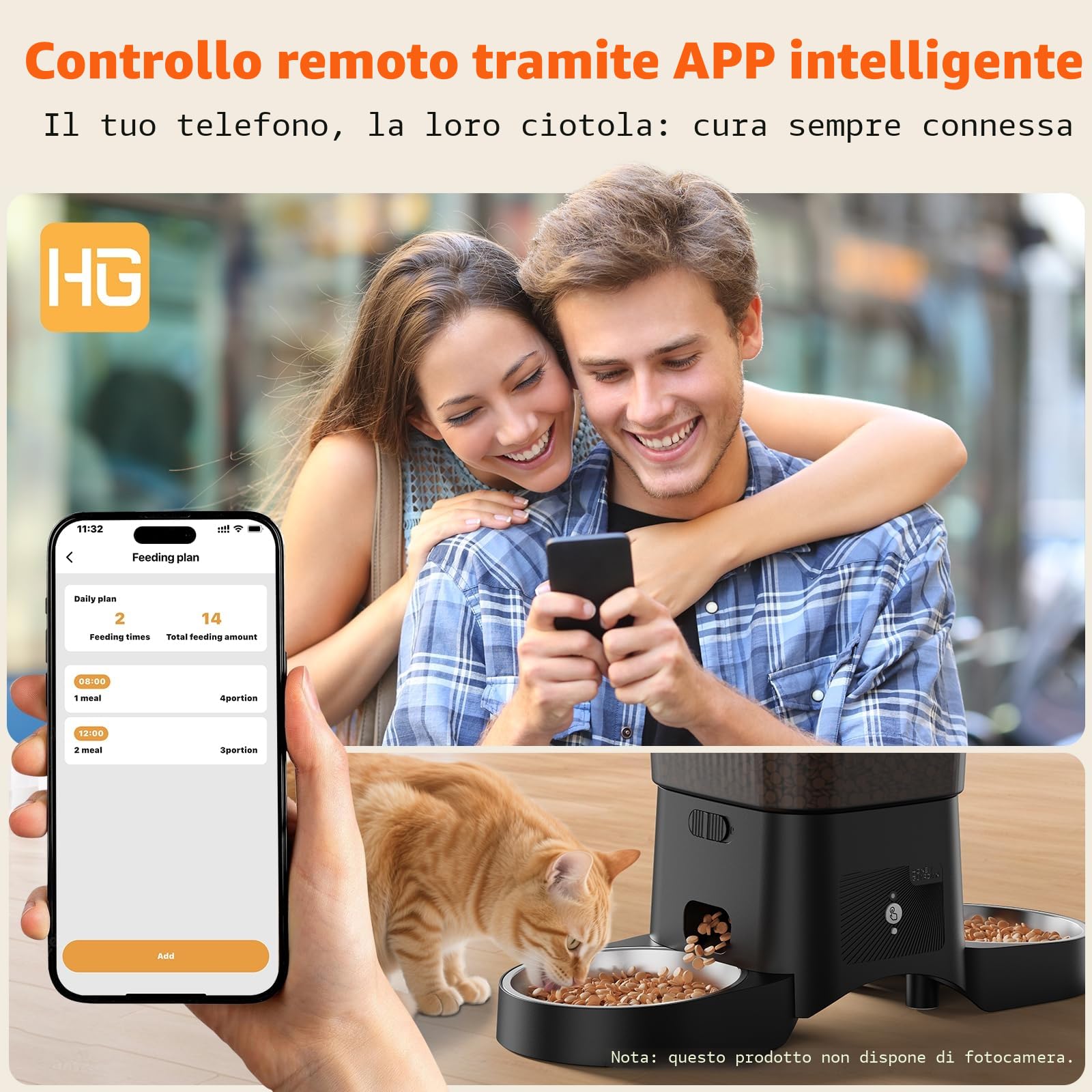 HoneyGuaridan 5G/2.4G WiFi Distributore Automatico Cibo Gatti con 2 Ciotole, Distributore Automatico Intelligente per Gatti e Cani, 4 Piedini Antiscivolo, Stabilità, 1-6 Pasti al Giorno (3.5L)
