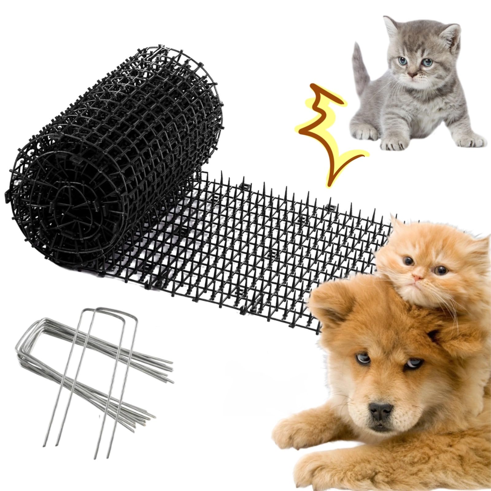 30CM x 4M Scat Mat for Cats with 8 Garden Staples, Cat Repellent Mat Anti Cat Prickle Strips Network Digging Stopper Indoor and Outdoor PP Plastic Cat Spike Mat, Furniture Protector (Black）