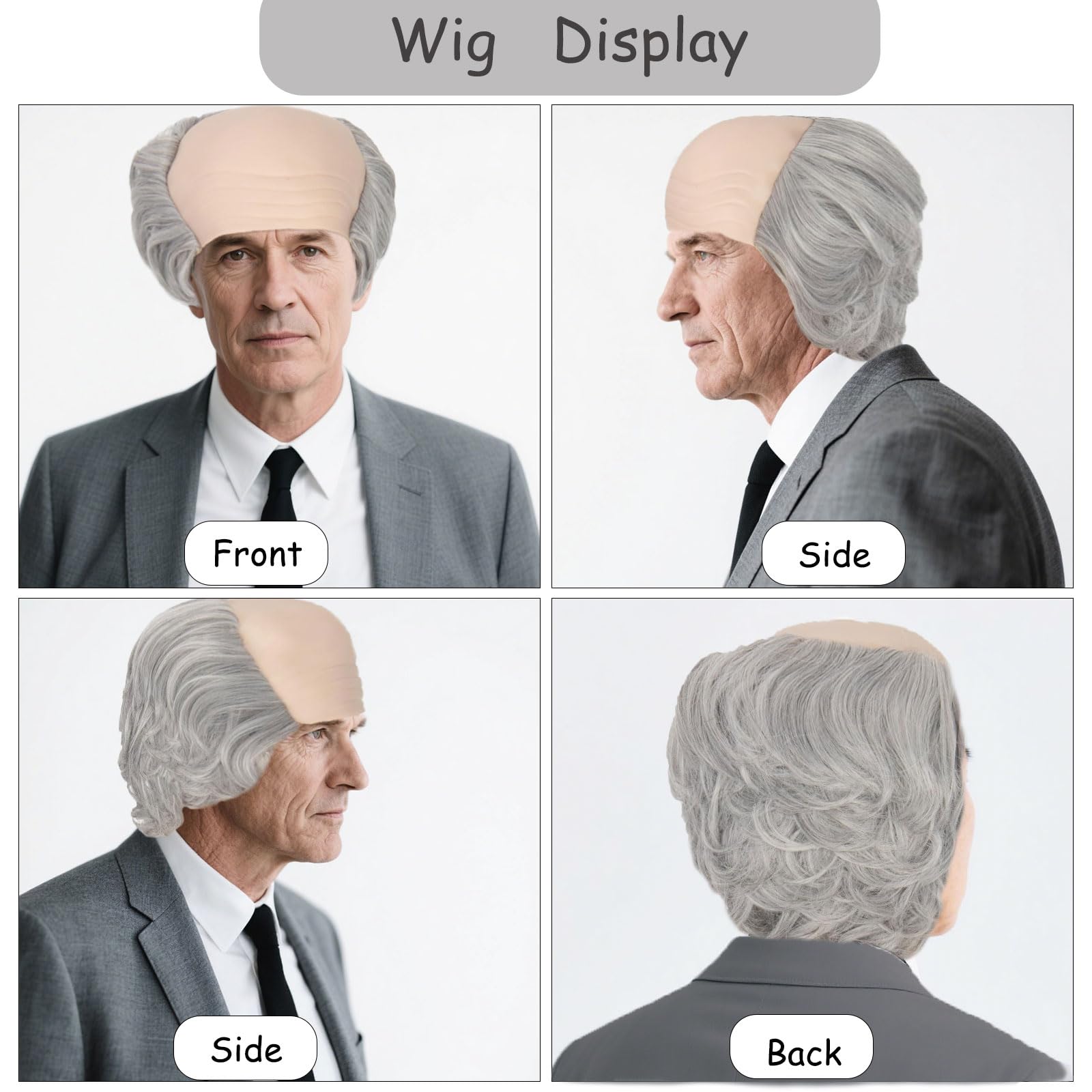 FOUNSHO Old Man Bald Wig for Adults Grandpa Fancy Dress Balding Cap with Short Wavy Gray Hair On Sides Old Man Costume Fake Mustache Eyebrows Sunglasses - Image 3