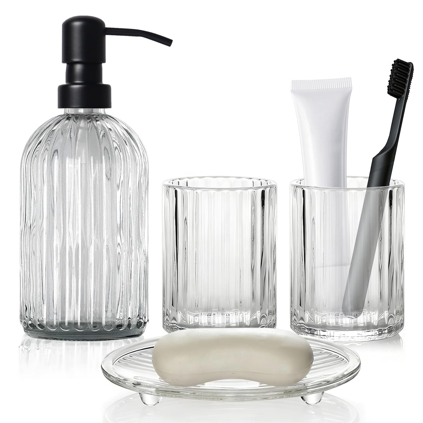 Set di 4 accessori da bagno, accessori da bagno in vetro trasparente, dispenser per sapone, porta spazzolino, tazza e portasapone, set decorativo per bagno, lavandino